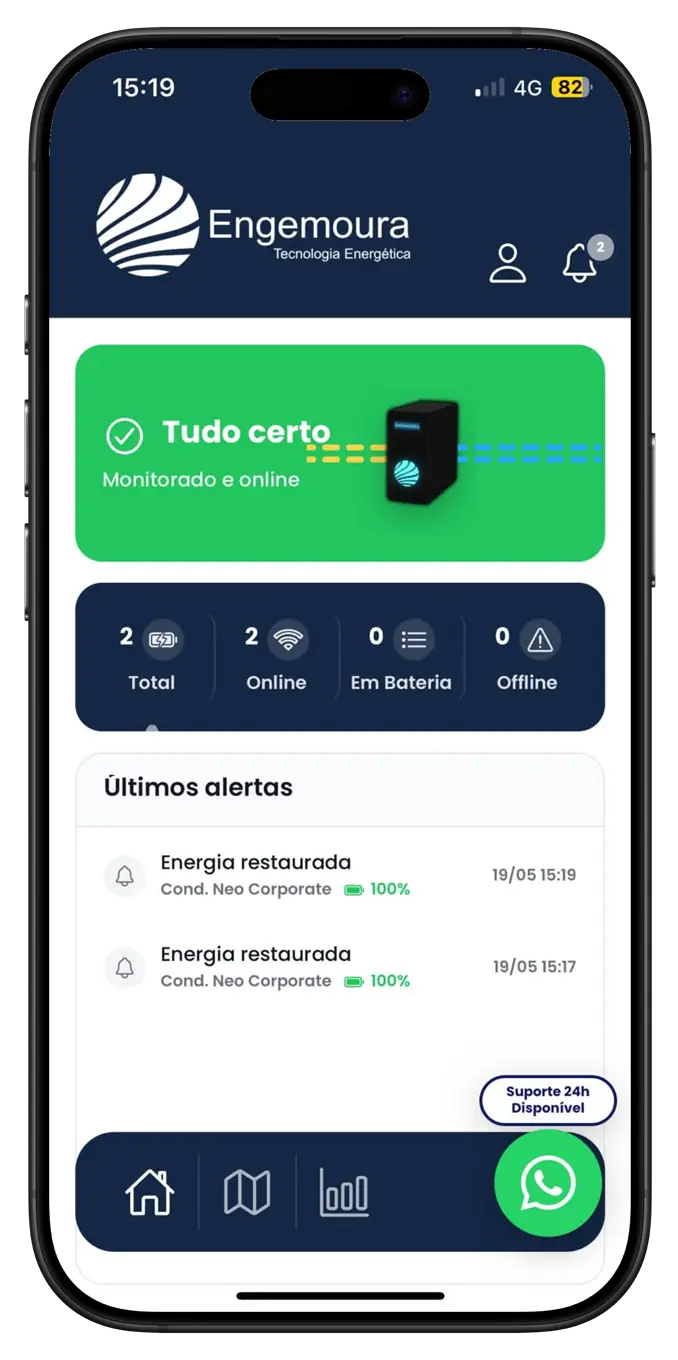 Tela do app Engemoura com status e últimos alertas