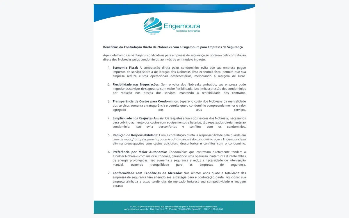 Folder institucional Engemoura sobre benefícios da contratação direta de nobreaks para empresas de segurança