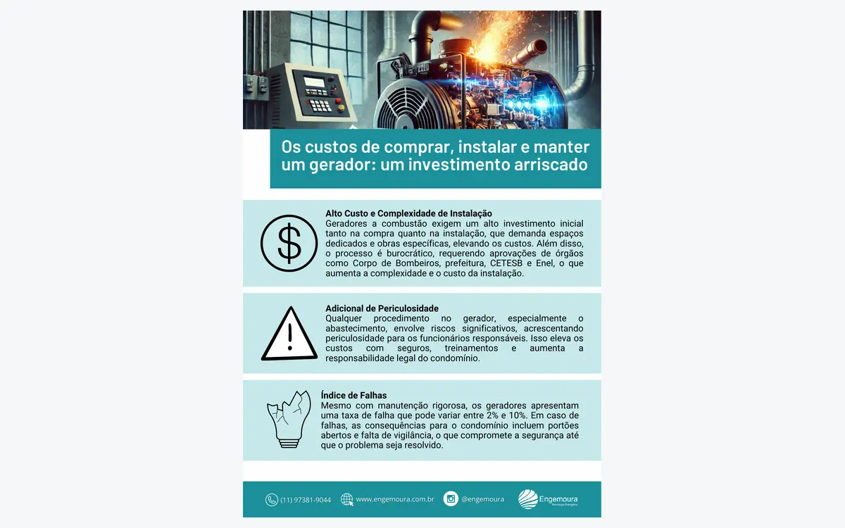 Capa do material da Engemoura sobre os custos de comprar, instalar e manter um gerador, com imagem de gerador industrial