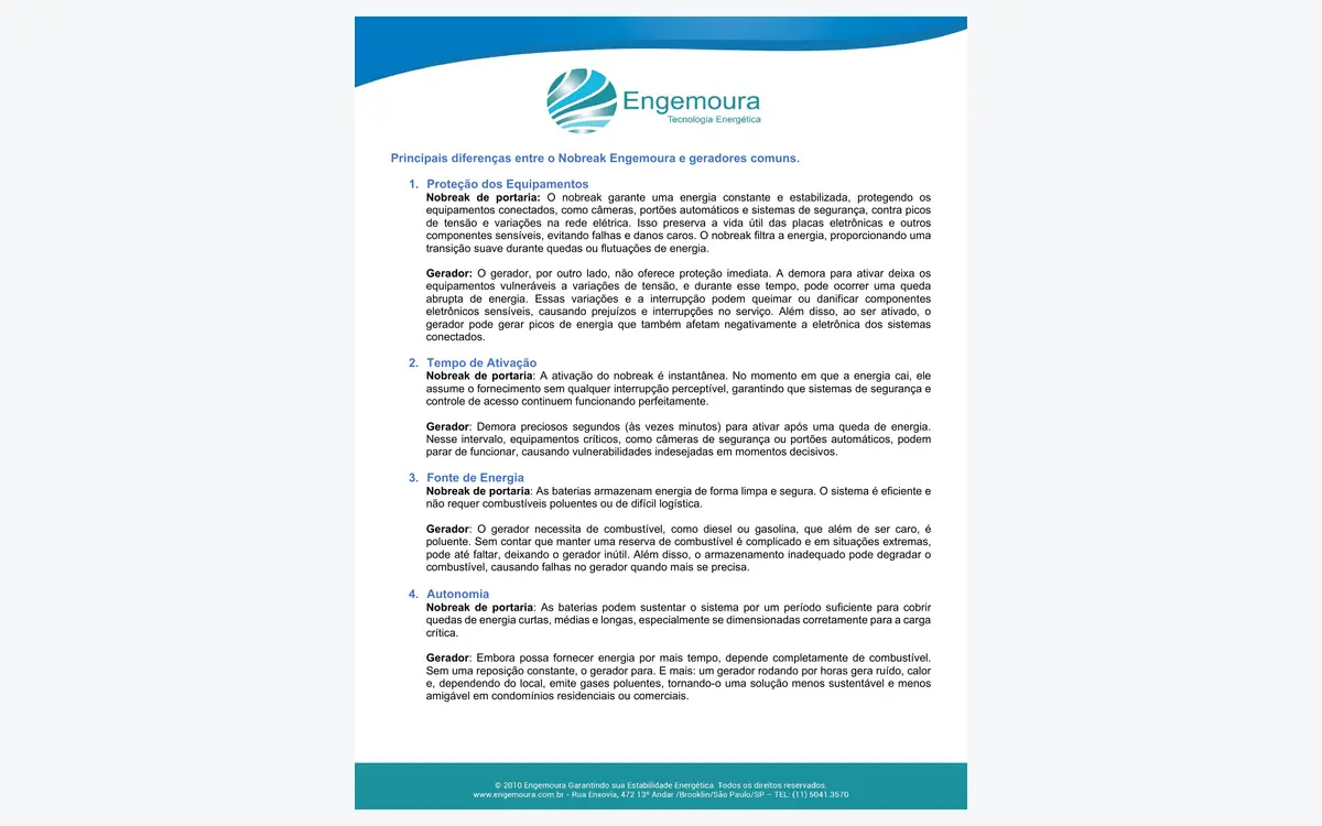 Página do material da Engemoura listando as principais diferenças entre o nobreak de portaria e geradores comuns