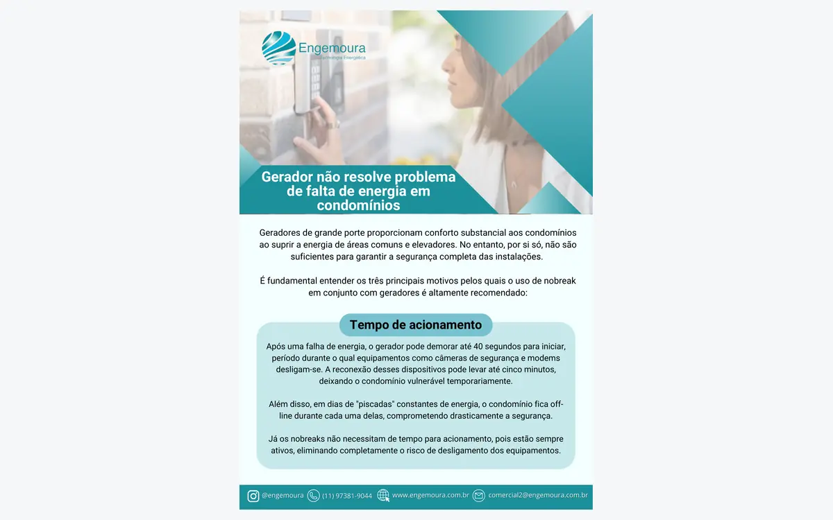 Folheto da Engemoura sobre por que o gerador não resolve a falta de energia em condomínios, com foto de pessoa usando o controle de acesso da portaria