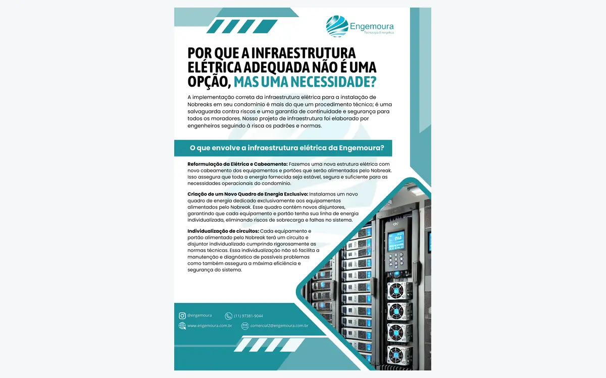 Capa do material da Engemoura com um rack de equipamentos de nobreak profissional e o título Por que a Infraestrutura Elétrica Adequada Não é Uma Opção, Mas Uma Necessidade