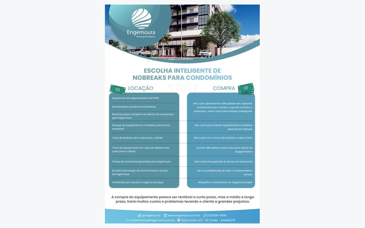 Folder Engemoura com fachada de condomínio e comparativo lado a lado entre Locação e Compra de nobreaks