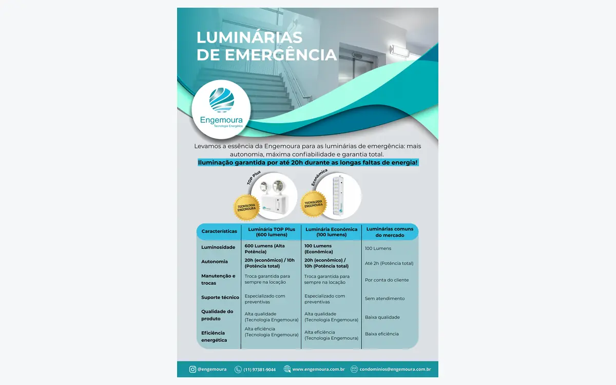 Folheto da Engemoura sobre luminárias de emergência, com uma luminária branca acesa na parede de uma escadaria moderna