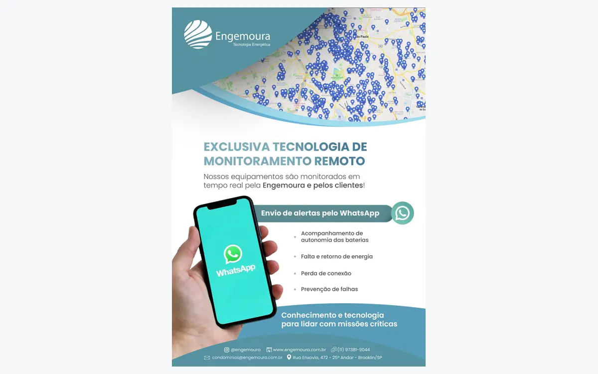 Folheto da Engemoura sobre monitoramento remoto, com mão segurando smartphone com o WhatsApp e mapa de São Paulo cheio de pontos de clientes ao fundo