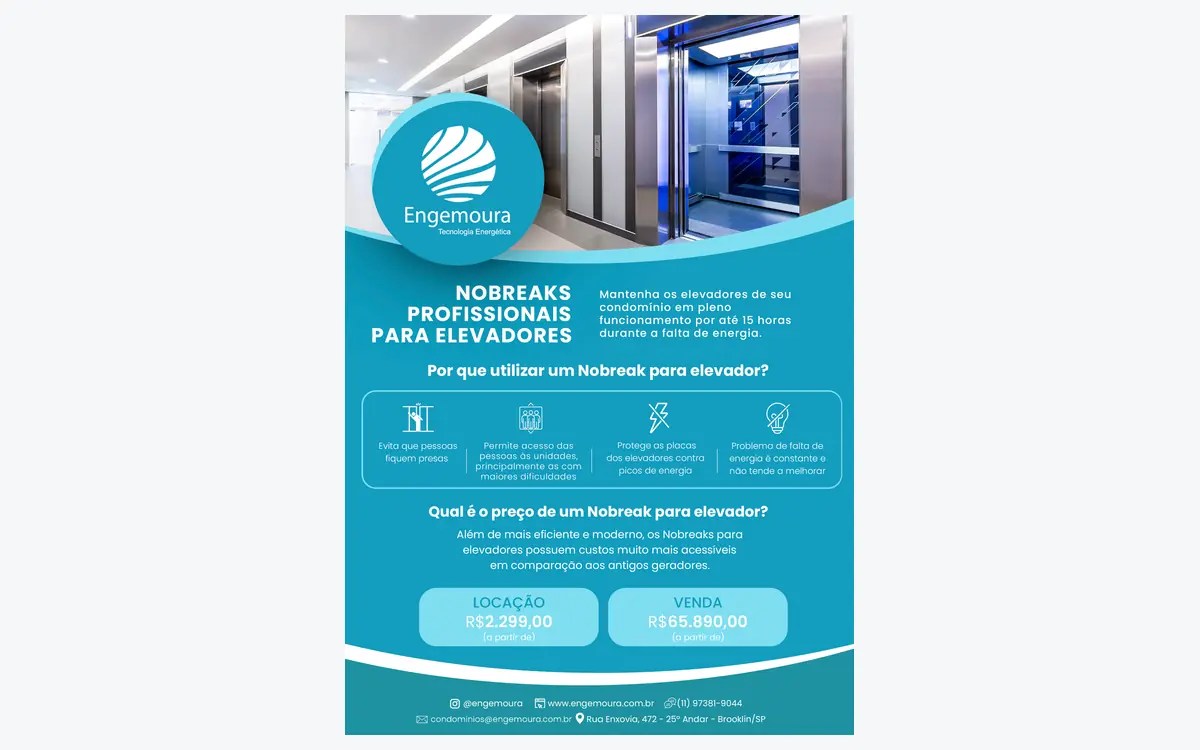 Folheto da Engemoura sobre nobreaks profissionais para elevadores, com foto de elevador moderno de portas de vidro em um hall iluminado