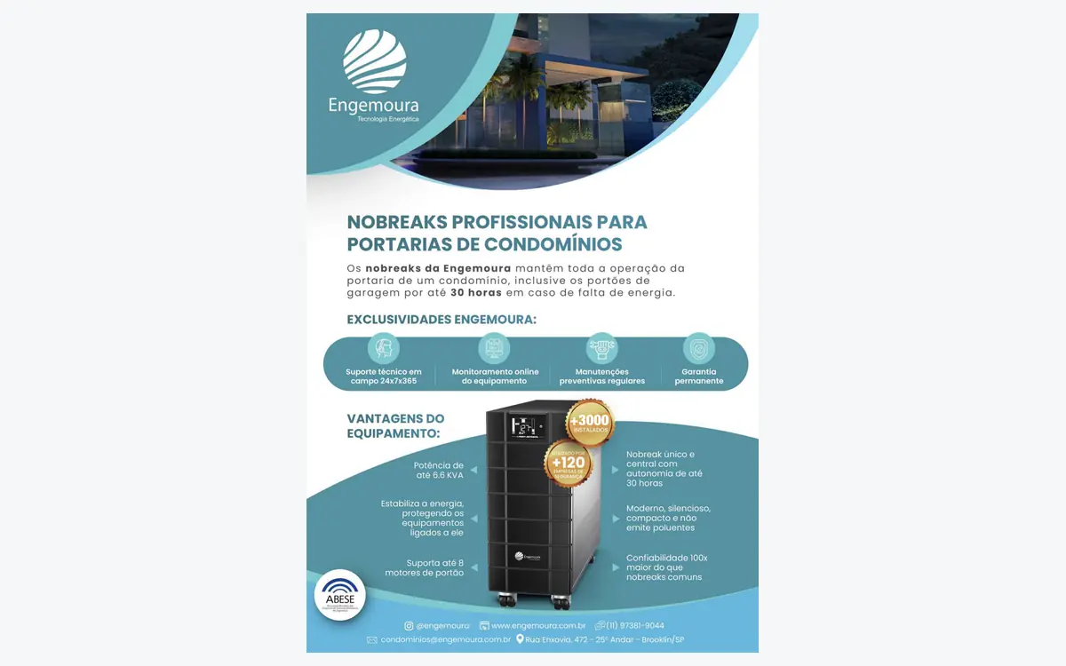 Folheto da Engemoura sobre nobreaks profissionais para portarias de condomínios, com fachada noturna de prédio e o equipamento em destaque