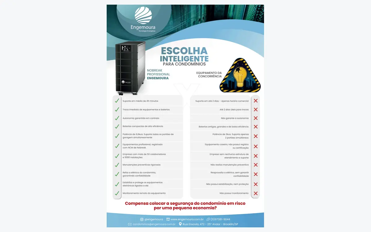 Folder Engemoura comparando nobreak profissional (esquerda) e equipamento da concorrência (direita) com checks verdes e X vermelhos