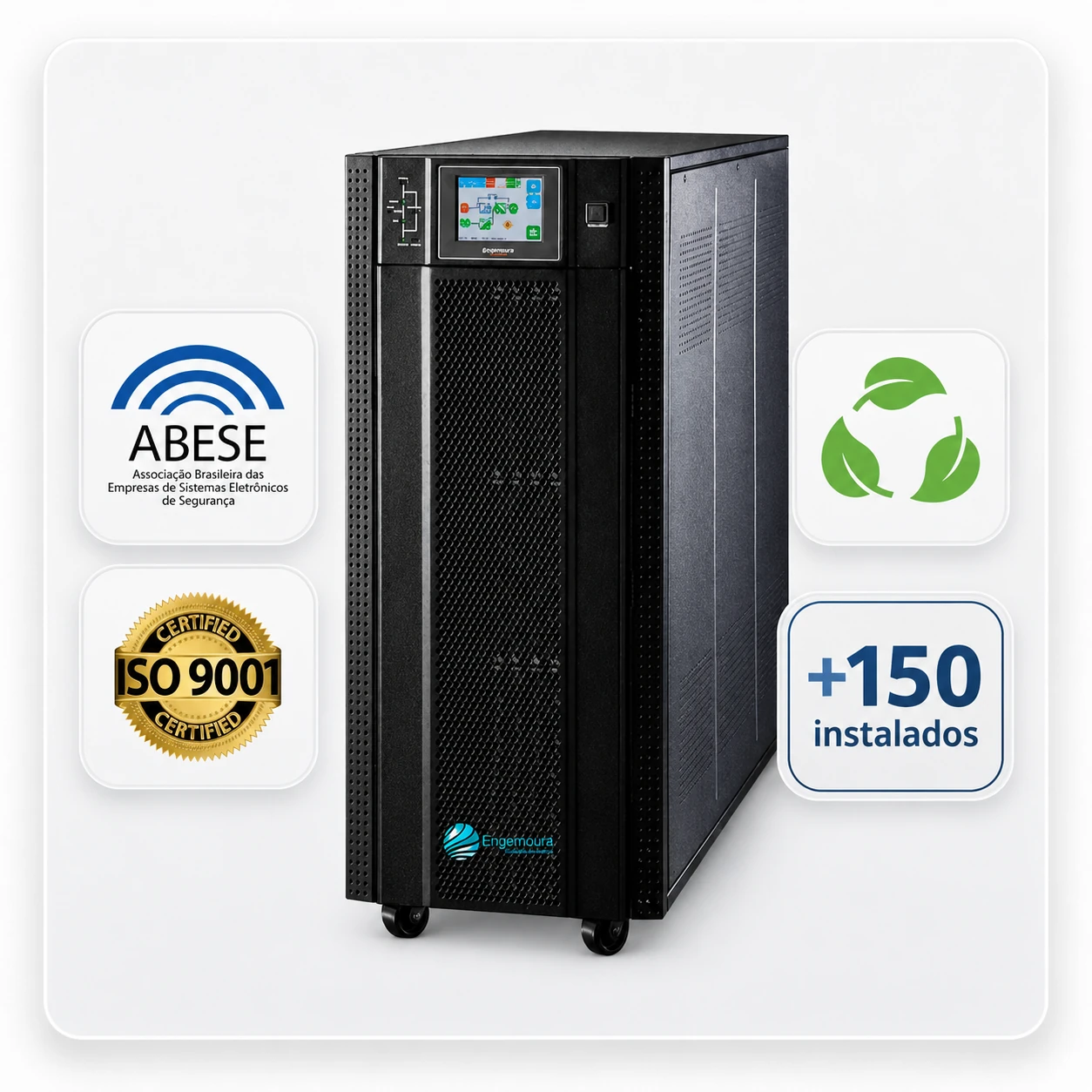 Nobreak Engemoura para elevadores com selos ABESE, ISO 9001, sustentabilidade e +150 instalados