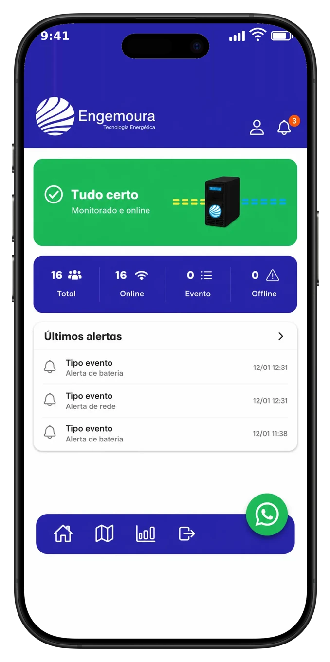 Interface do app Engemoura com painel de monitoramento remoto para elevadores