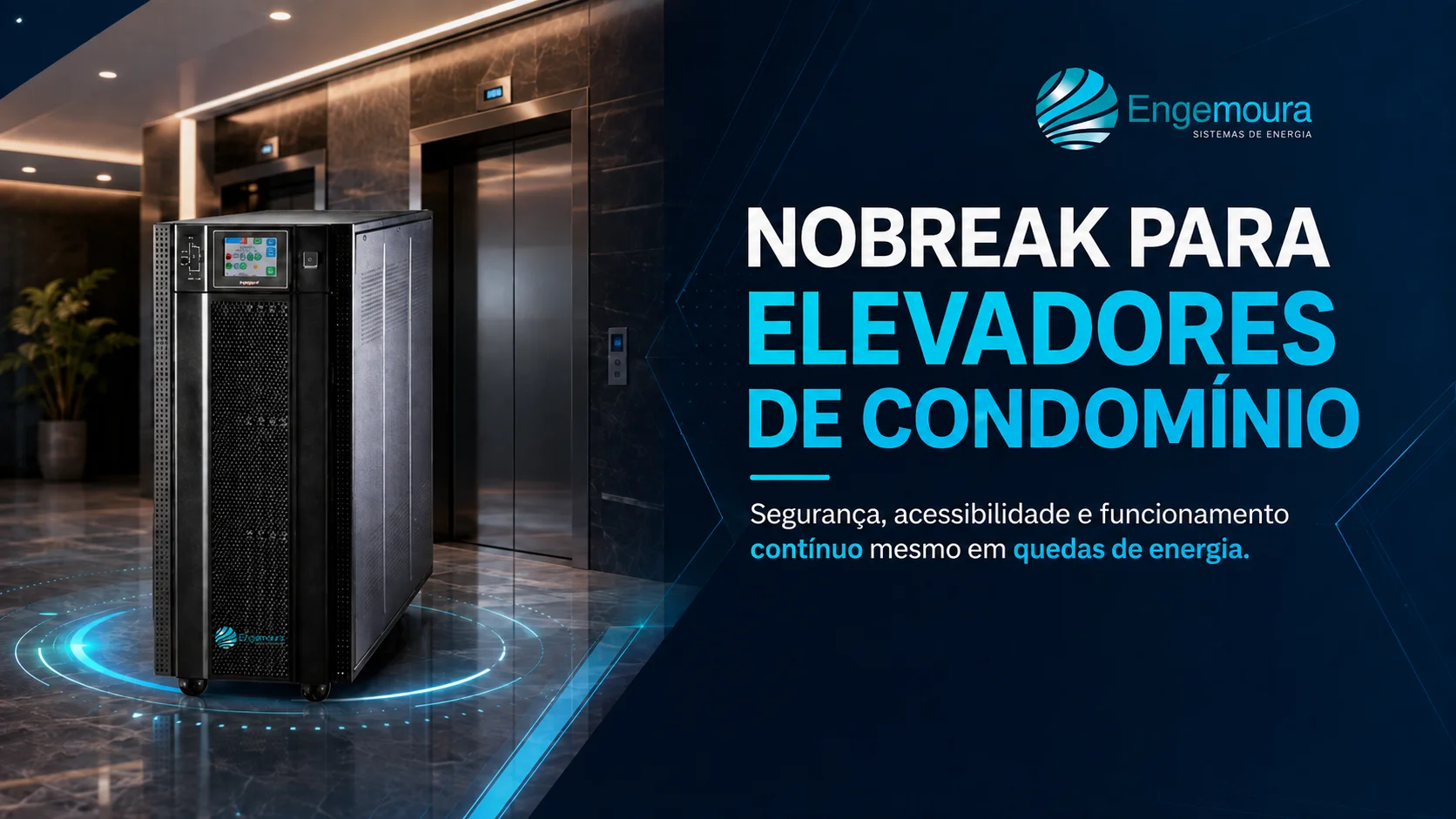 Folheto da Engemoura sobre nobreaks profissionais para elevadores, com foto de elevador moderno de portas de vidro em um hall iluminado