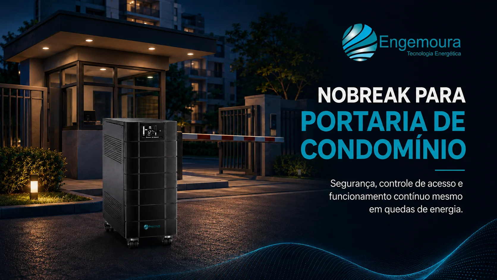 Folheto da Engemoura sobre nobreaks profissionais para portarias de condomínios, com fachada noturna de prédio e o equipamento em destaque