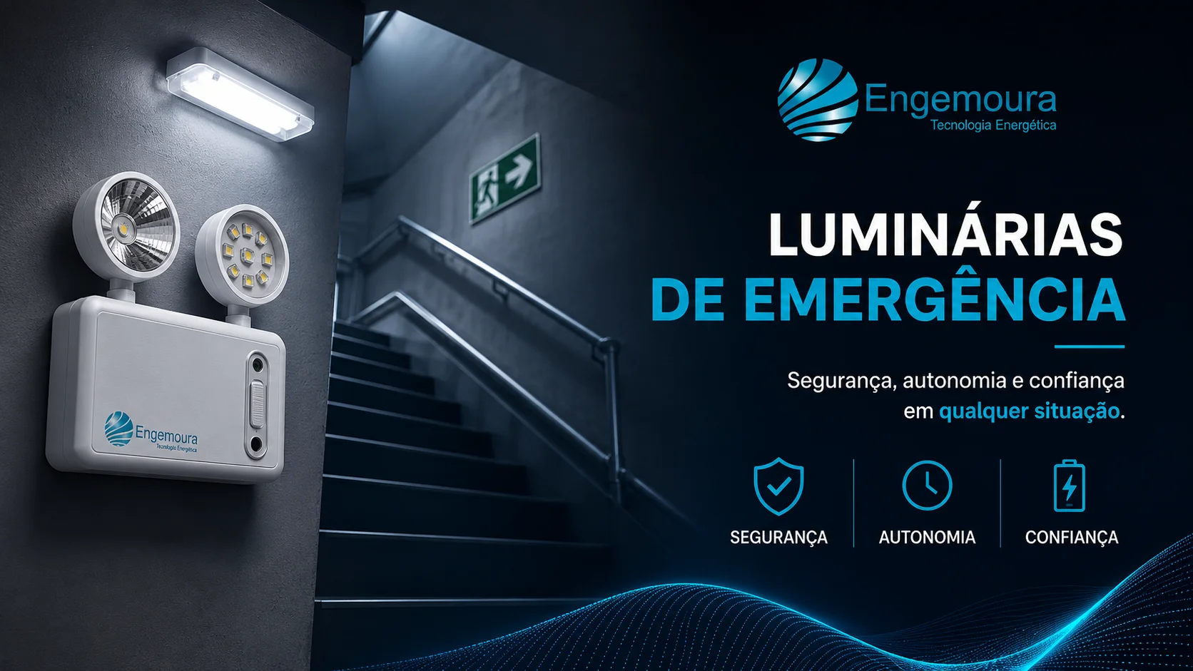 Folheto da Engemoura sobre luminárias de emergência, com uma luminária branca acesa na parede de uma escadaria moderna