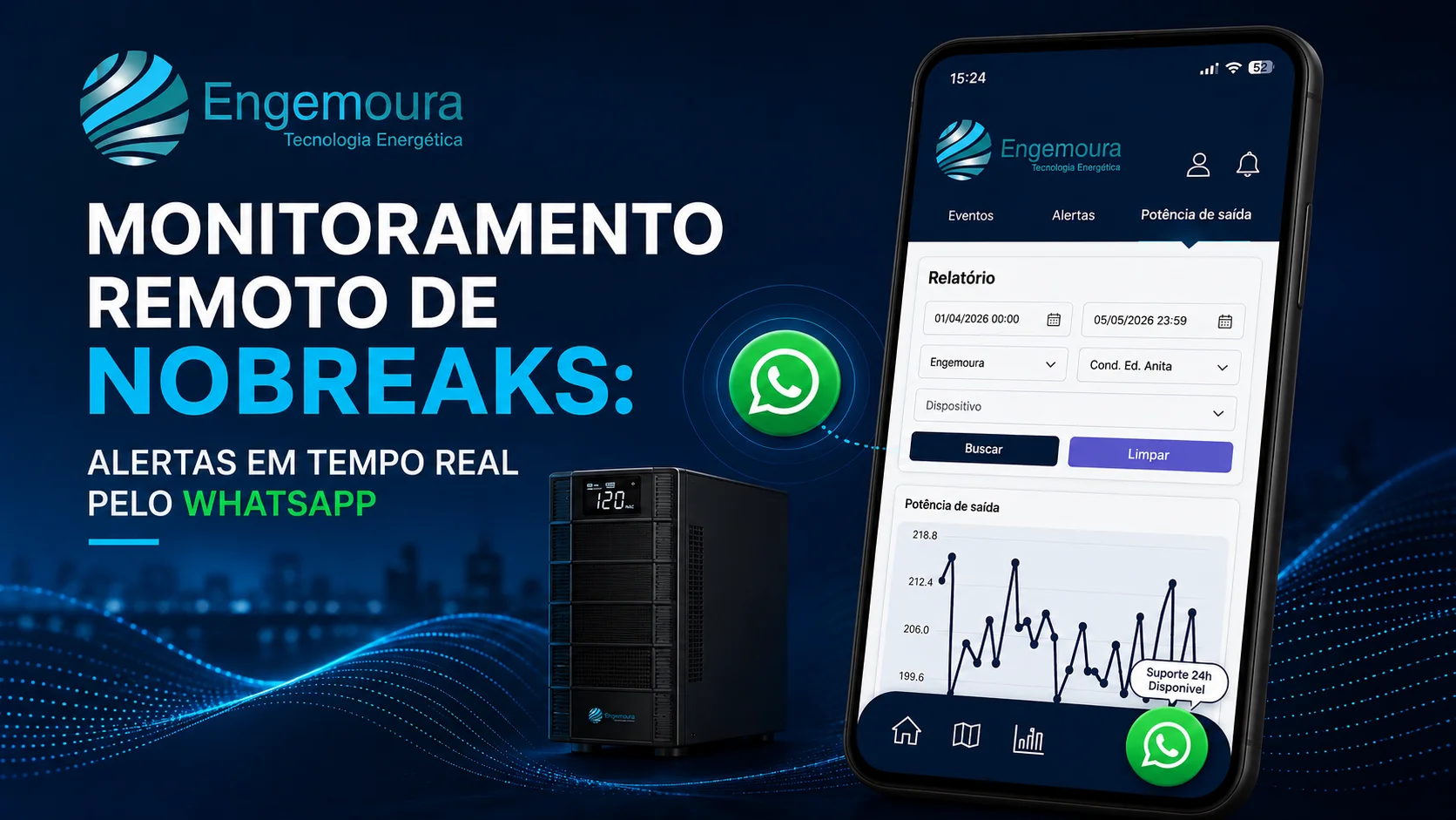Folheto da Engemoura sobre monitoramento remoto, com mão segurando smartphone com o WhatsApp e mapa de São Paulo cheio de pontos de clientes ao fundo