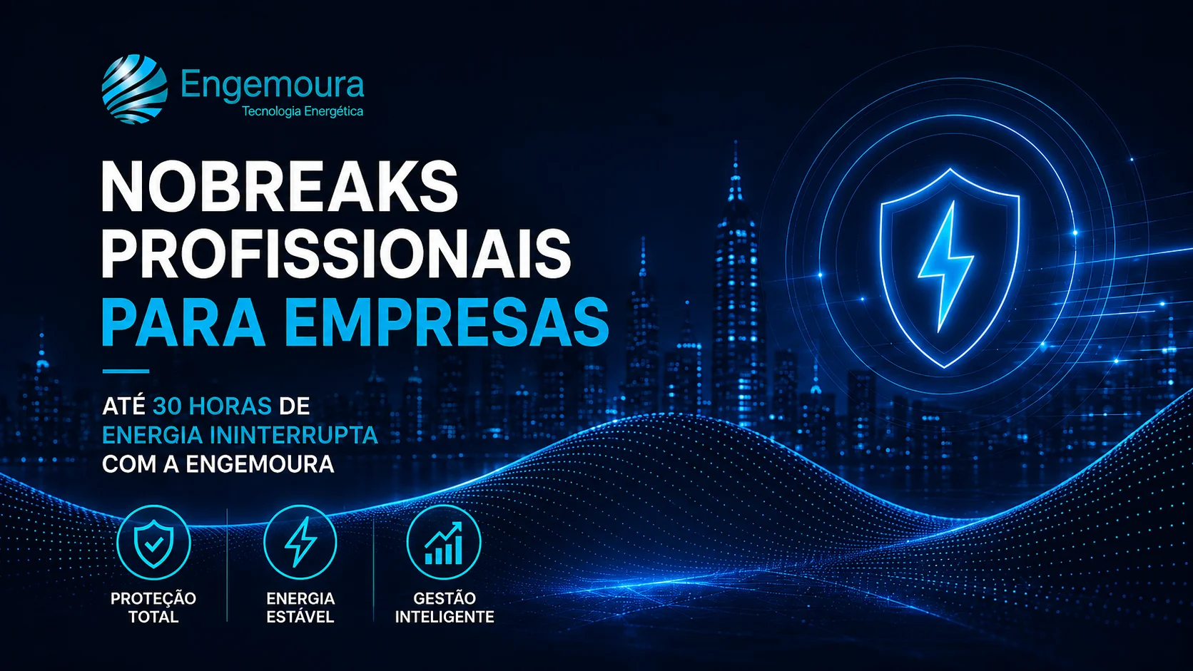 Folheto institucional da Engemoura com um nobreak profissional preto em formato de torre e o título Nobreaks Profissionais para Empresas