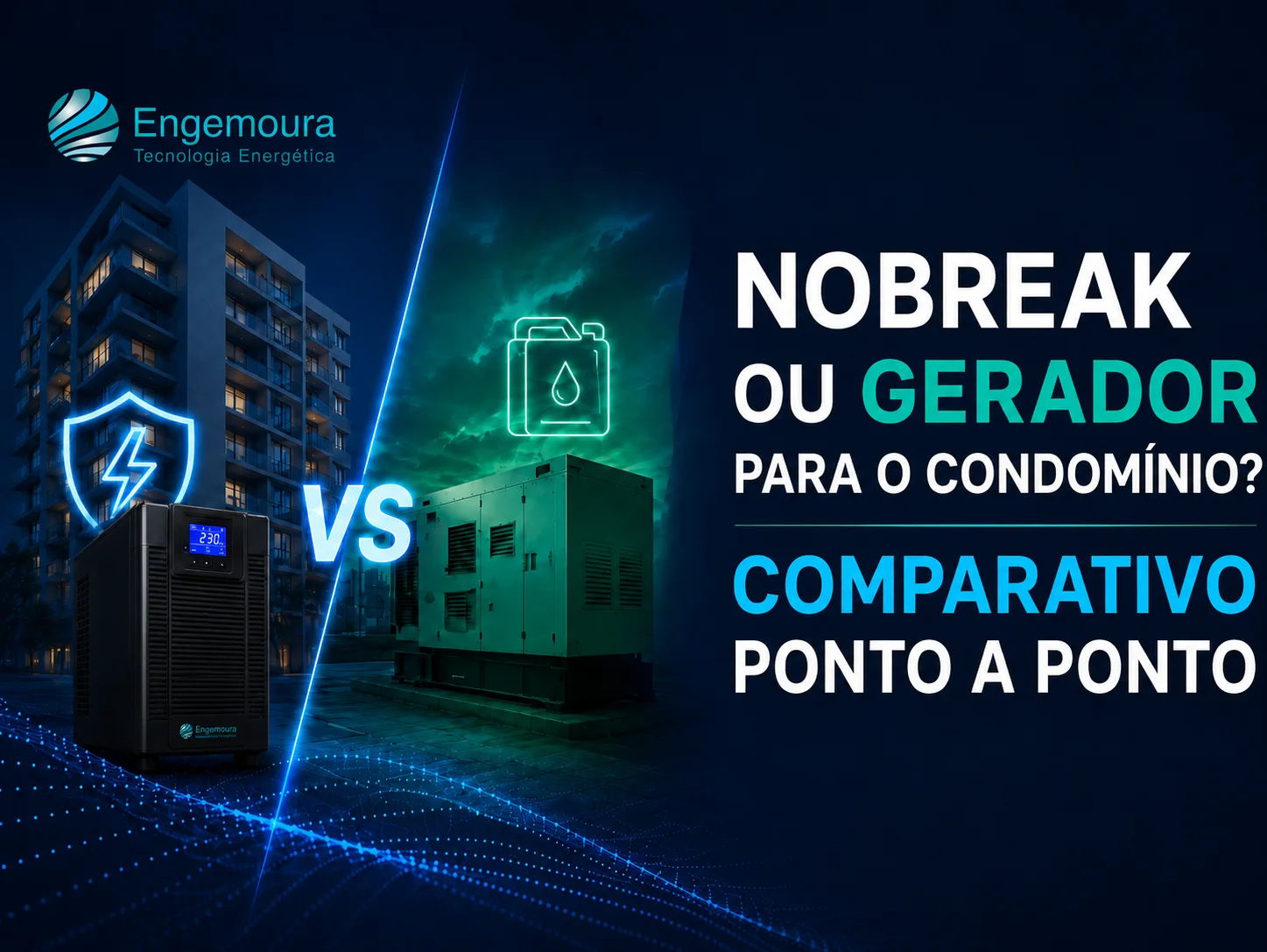 Tabela comparativa entre nobreaks e geradores da Engemoura, com dez critérios técnicos lado a lado
