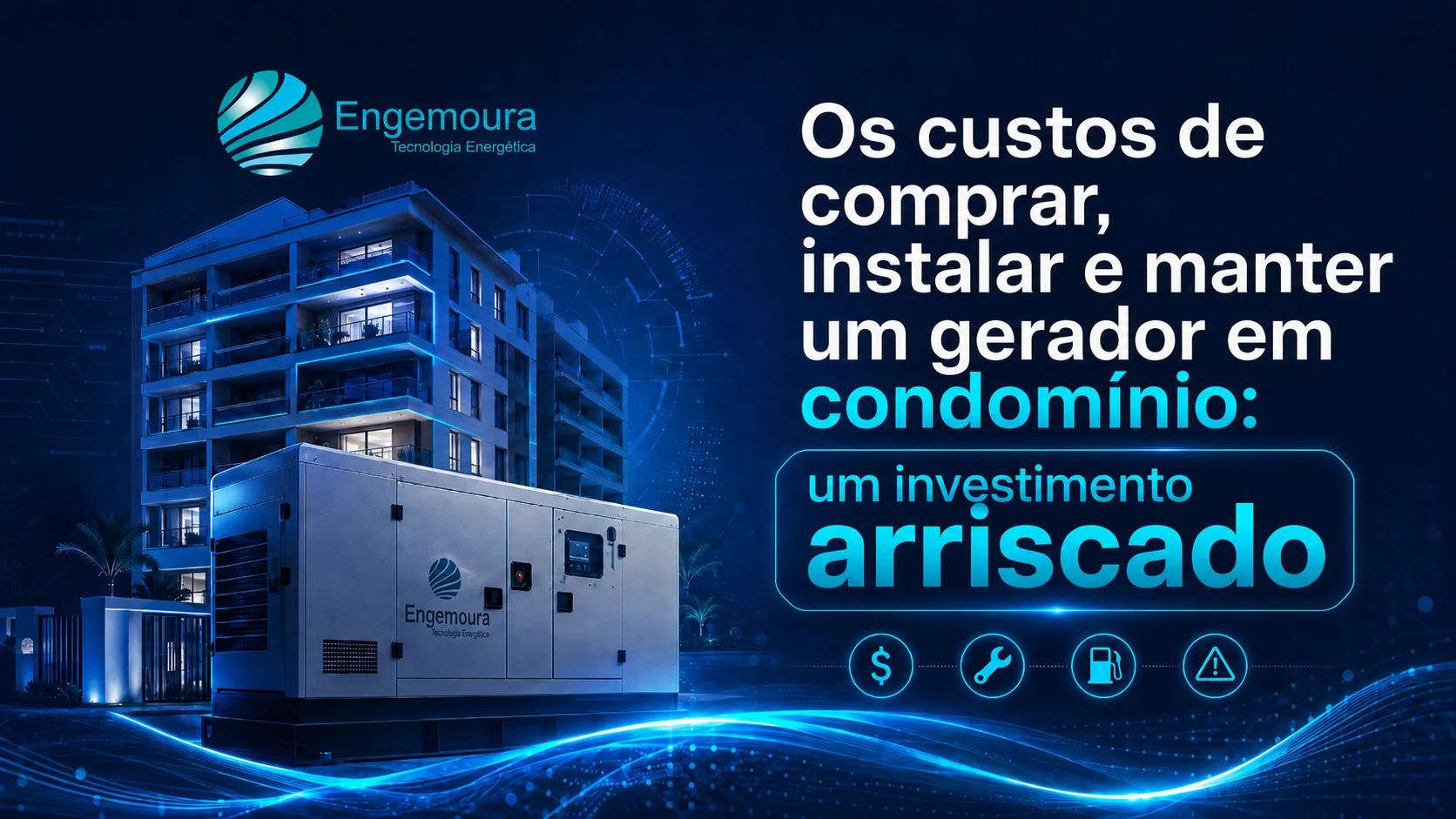 Capa do material da Engemoura sobre os custos de comprar, instalar e manter um gerador, com imagem de gerador industrial
