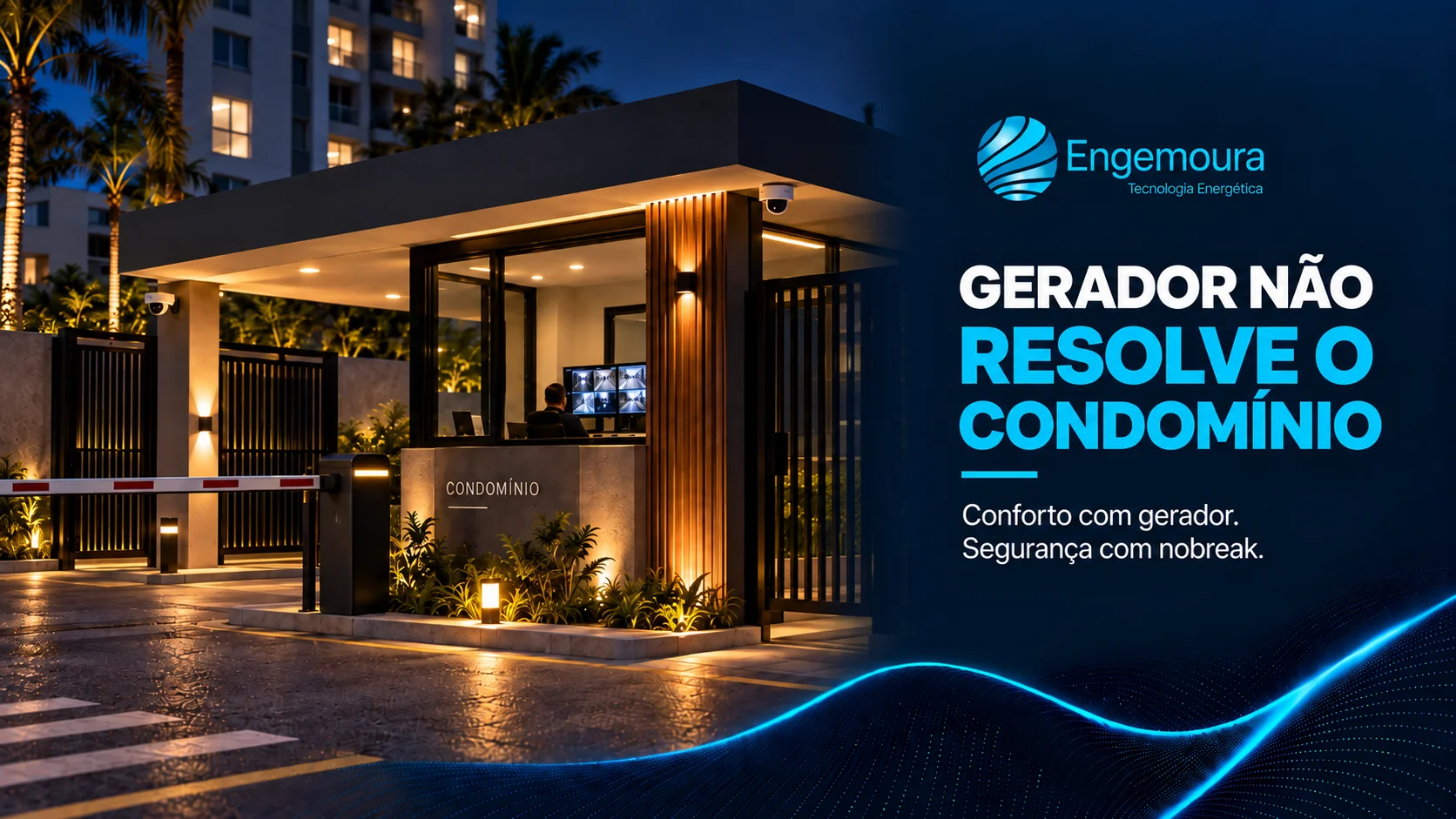 Folheto da Engemoura sobre por que o gerador não resolve a falta de energia em condomínios, com foto de pessoa usando o controle de acesso da portaria