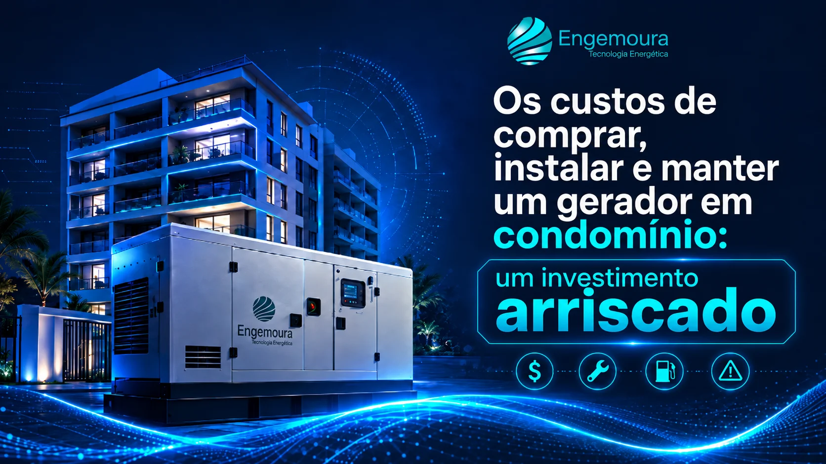 Capa do material da Engemoura sobre os custos de comprar, instalar e manter um gerador, com imagem de gerador industrial