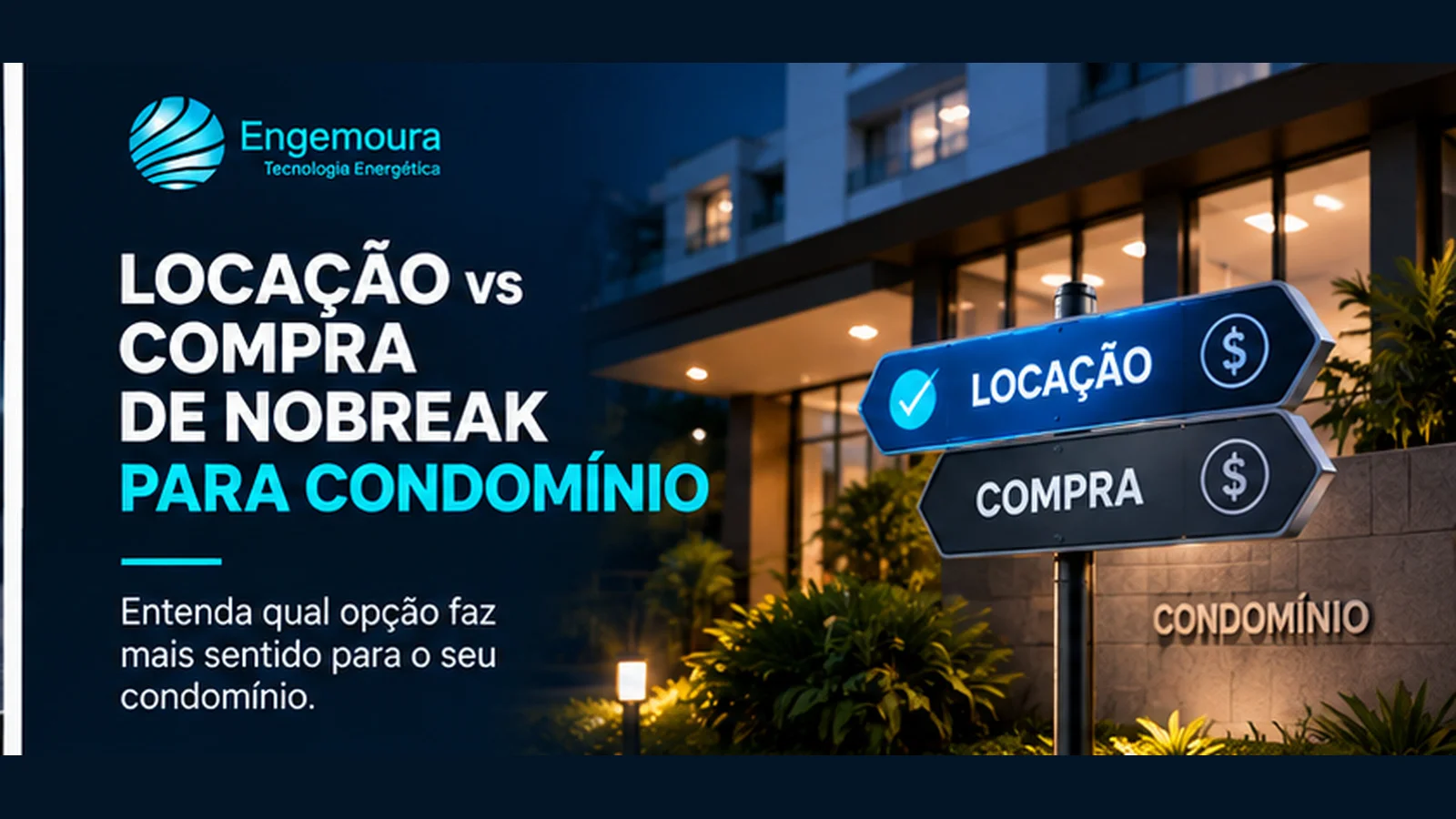 Folder Engemoura com fachada de condomínio e comparativo lado a lado entre Locação e Compra de nobreaks