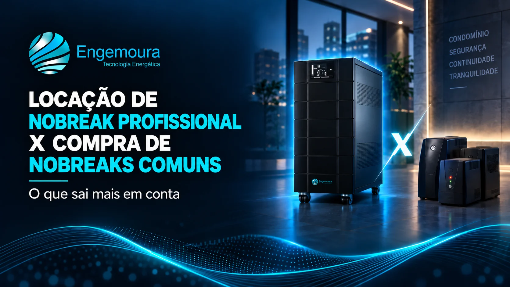 Comparativo de custos entre o nobreak profissional Engemoura por locação e nobreaks comuns, com valores e itens inclusos