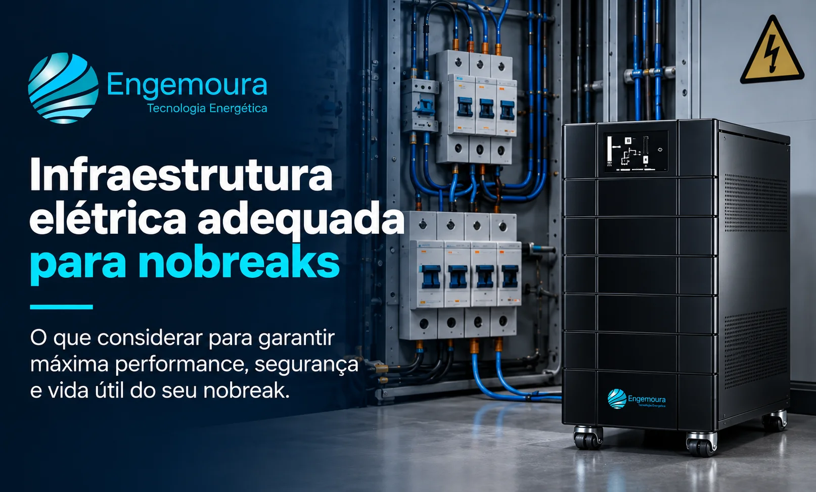Capa do material da Engemoura com um rack de equipamentos de nobreak profissional e o título Por que a Infraestrutura Elétrica Adequada Não é Uma Opção, Mas Uma Necessidade