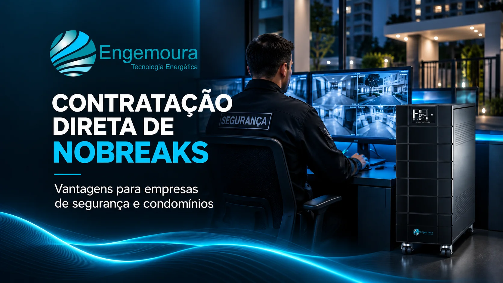 Folder institucional Engemoura sobre benefícios da contratação direta de nobreaks para empresas de segurança