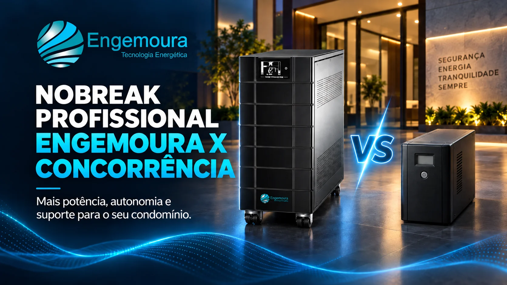Folder Engemoura comparando nobreak profissional (esquerda) e equipamento da concorrência (direita) com checks verdes e X vermelhos